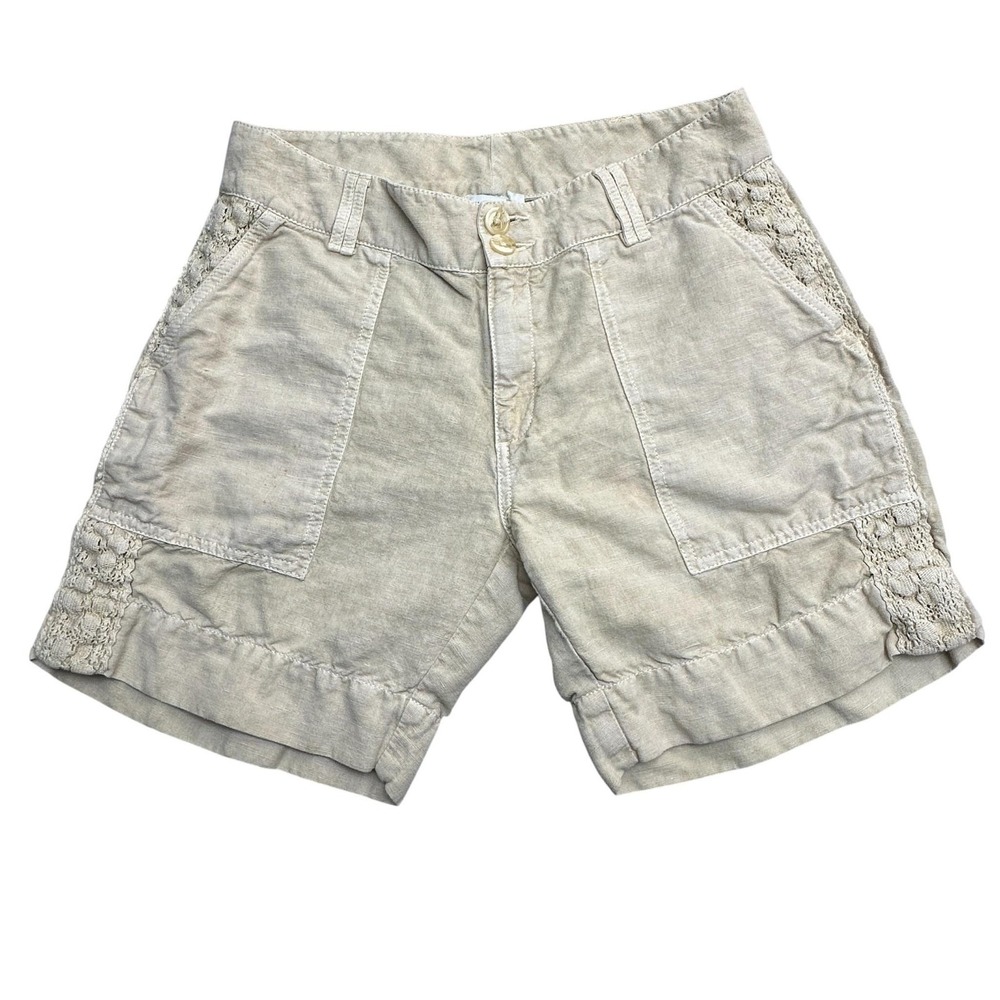 Sundance Cargo Shorts Womens 4 Beige Linen Cotton Lace Trim Cuffed Casual Beach